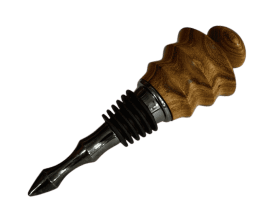 Hand-turned Bocote wood wine bottle stopper with sculptural stacked design and stainless steel base handcrafted by Louisiana maker J. Baker.