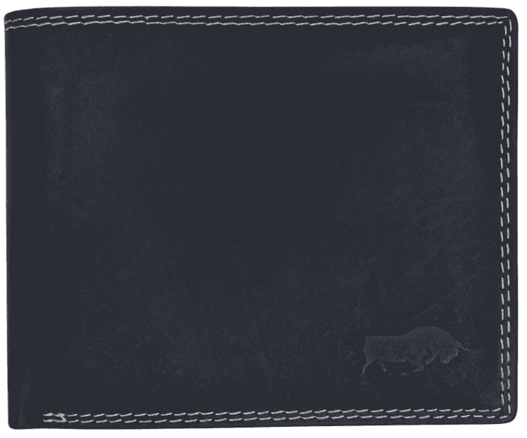 Front view of black Arrigo leather bifold wallet with stitched edges and embossed logo.