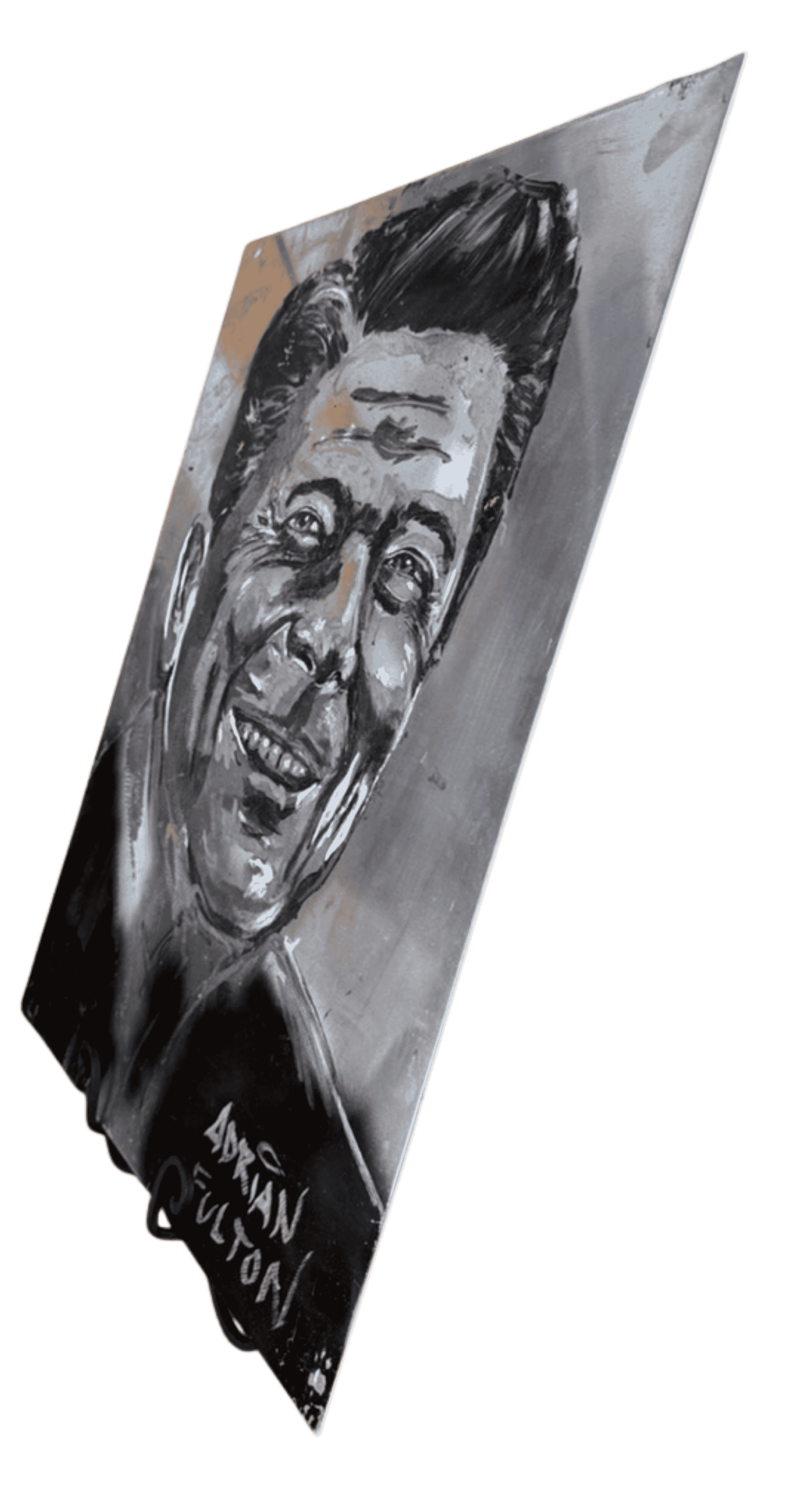 Side perspective of Ronald Reagan portrait engraved on aluminum highlighting etched lines and brushed metal texture.