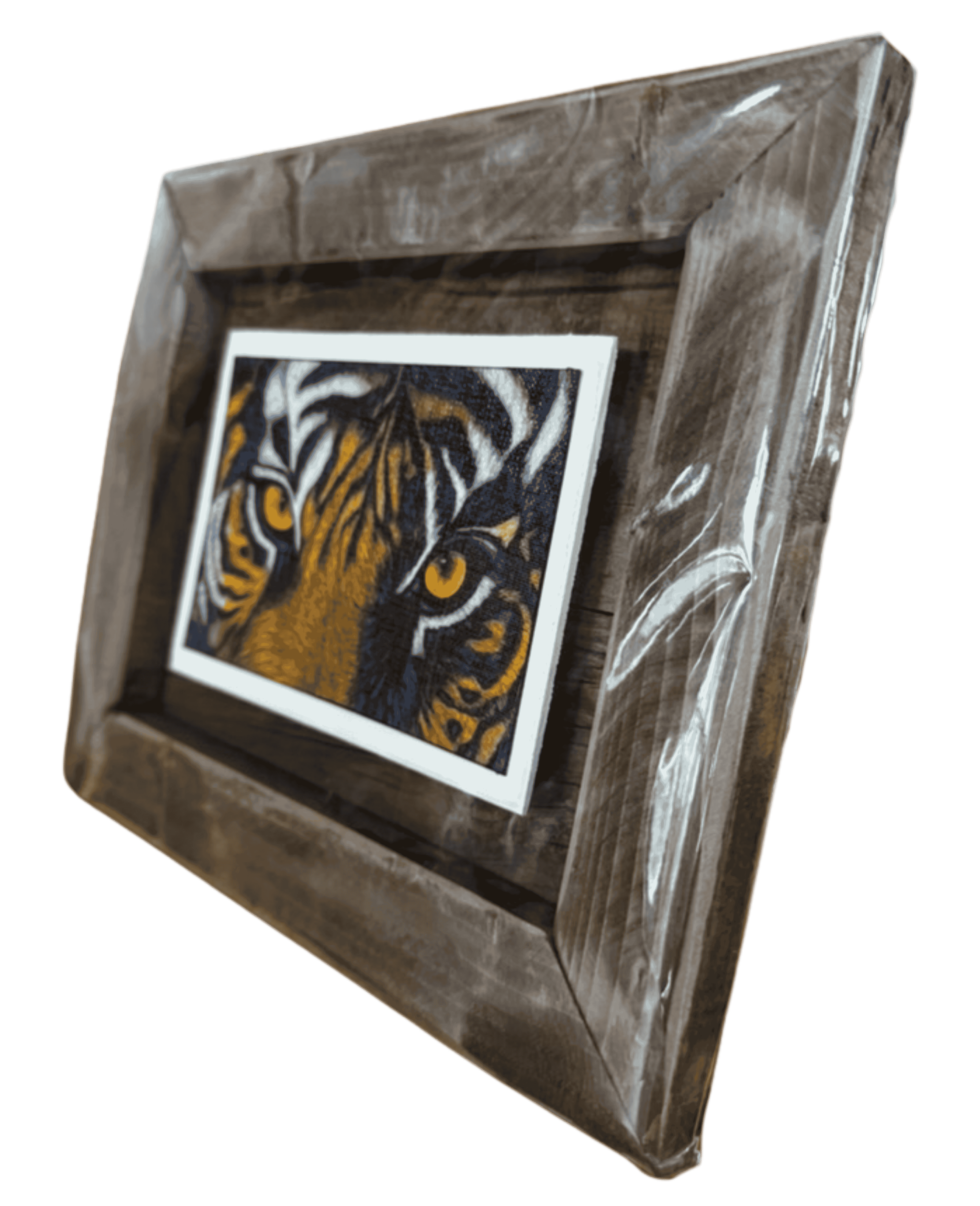 Framed LSU Tiger Eyes print in rustic wooden frame wall art.