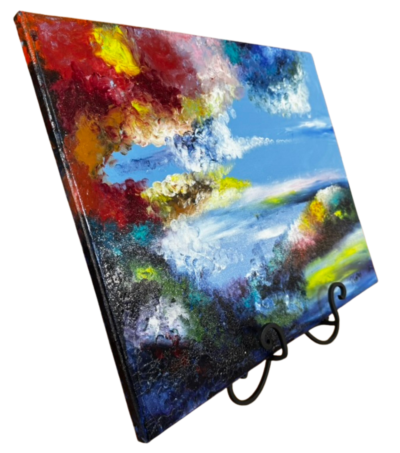 Angled view of original R. Gates acrylic landscape painting showcasing textured autumn colors, reflective water, and layered impressionist cloud formations.