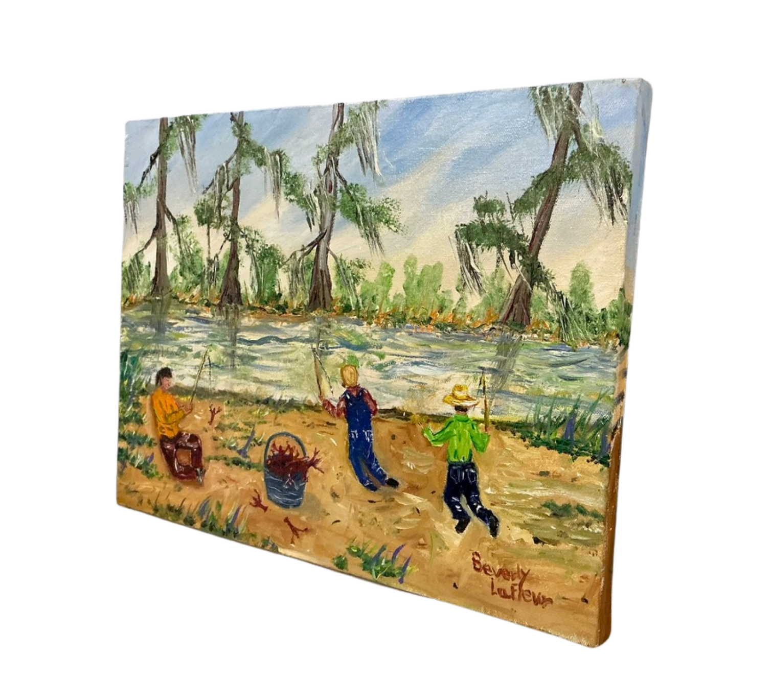 Angled view of Beverly LaFleur folk-art painting featuring children crawfishing along a moss-draped bayou shoreline.