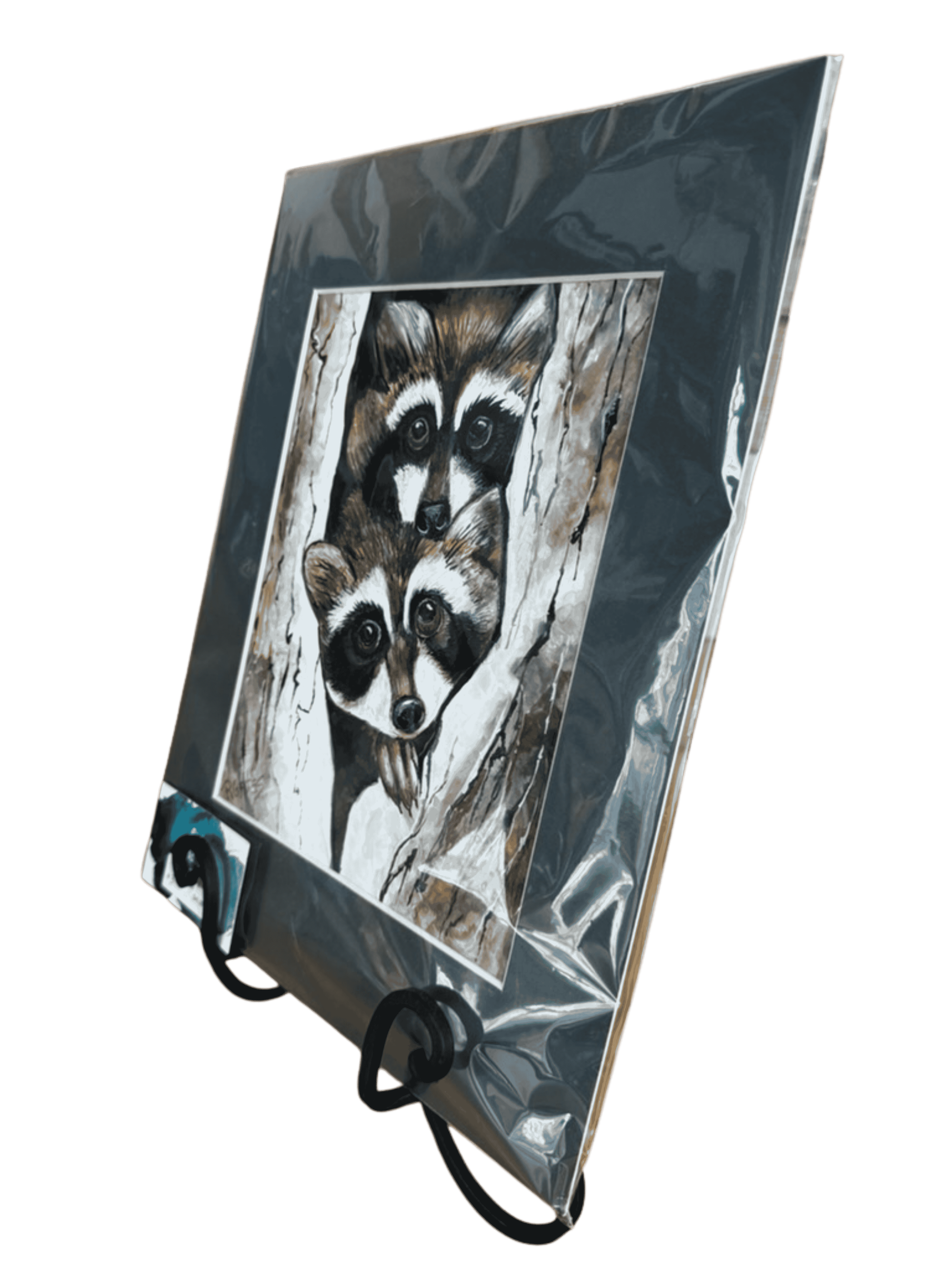 Side perspective of original raccoon painting by R. Gates showing woodland wildlife scene and detailed brushwork.