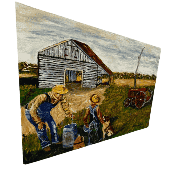 Original acrylic painting by South Louisiana artist Beverly LaFleur showing two farmers with a milk can and dog near a barn and vintage red tractor in a rural farm setting.