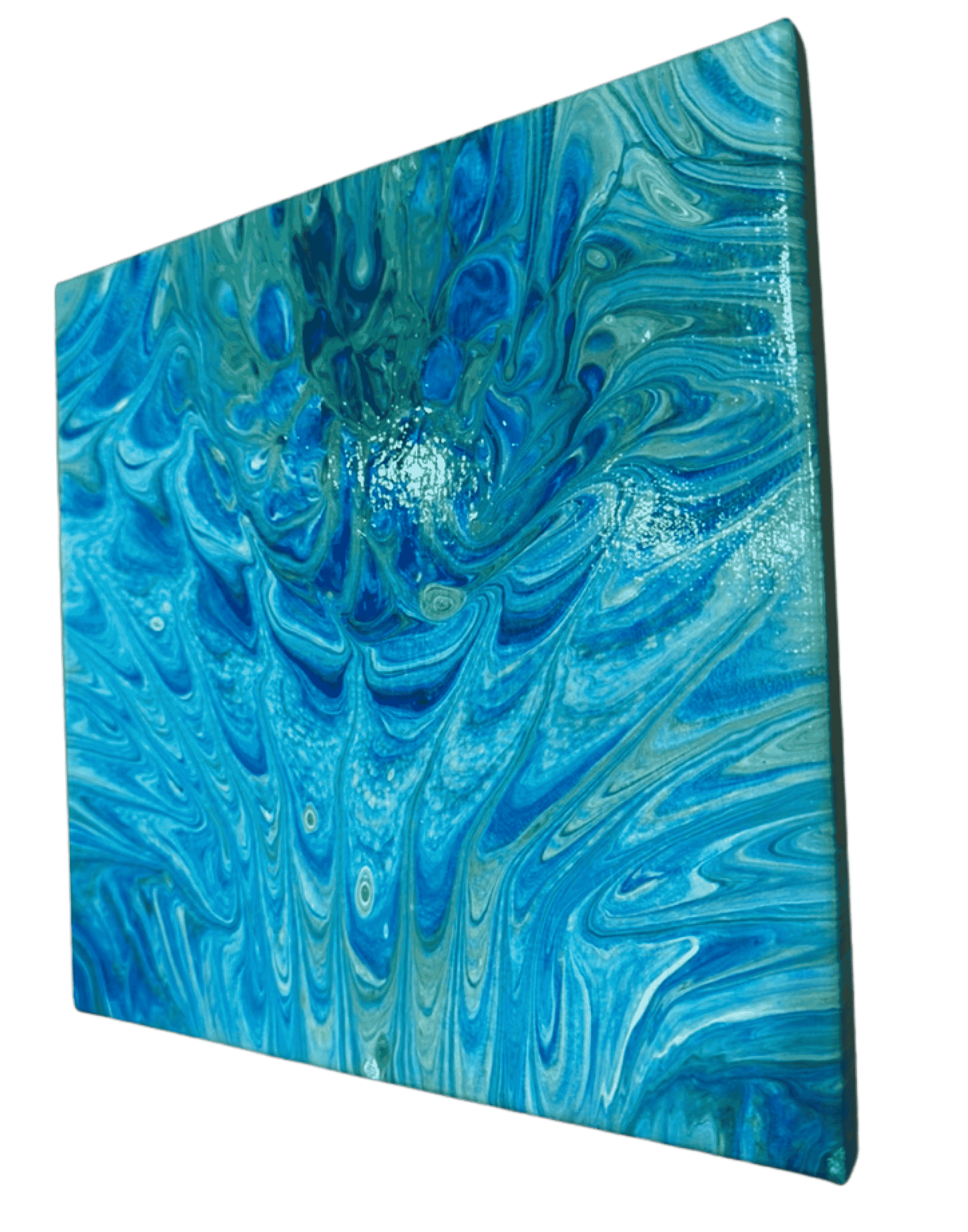 Blue abstract acrylic pour painting with swirling turquoise and deep blue marbled patterns resembling ocean water.