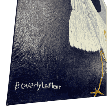 Original acrylic painting by South Louisiana artist Beverly LaFleur showing a white egret with wings raised against a deep blue background.