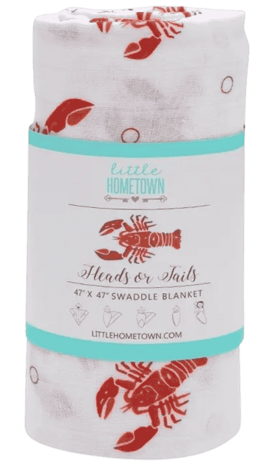 Little Hometown Heads or Tails bamboo muslin baby swaddle blanket with red crawfish print inspired by Louisiana seafood culture.