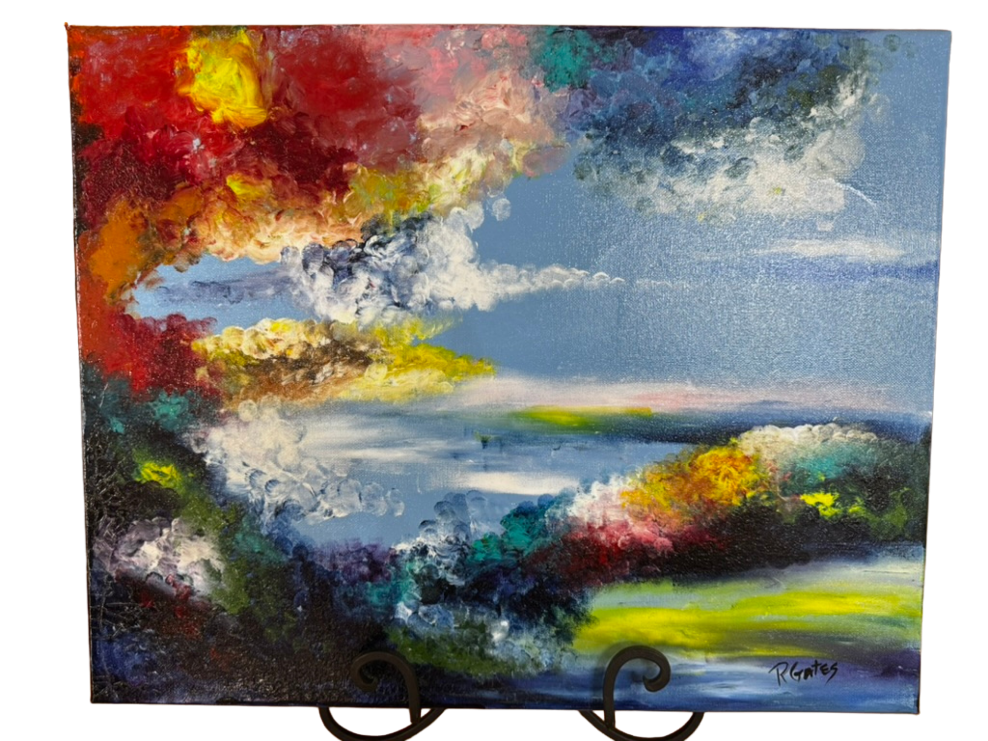Original acrylic landscape painting by R. Gates featuring vibrant autumn foliage, reflective water, dramatic clouds, and impressionist brushwork in rich reds, blues, and golds.
