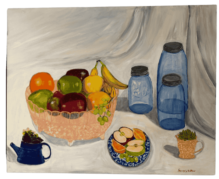 Fruit Still Life with Blue Mason Jars — Acrylic Painting by Beverly Lafleur