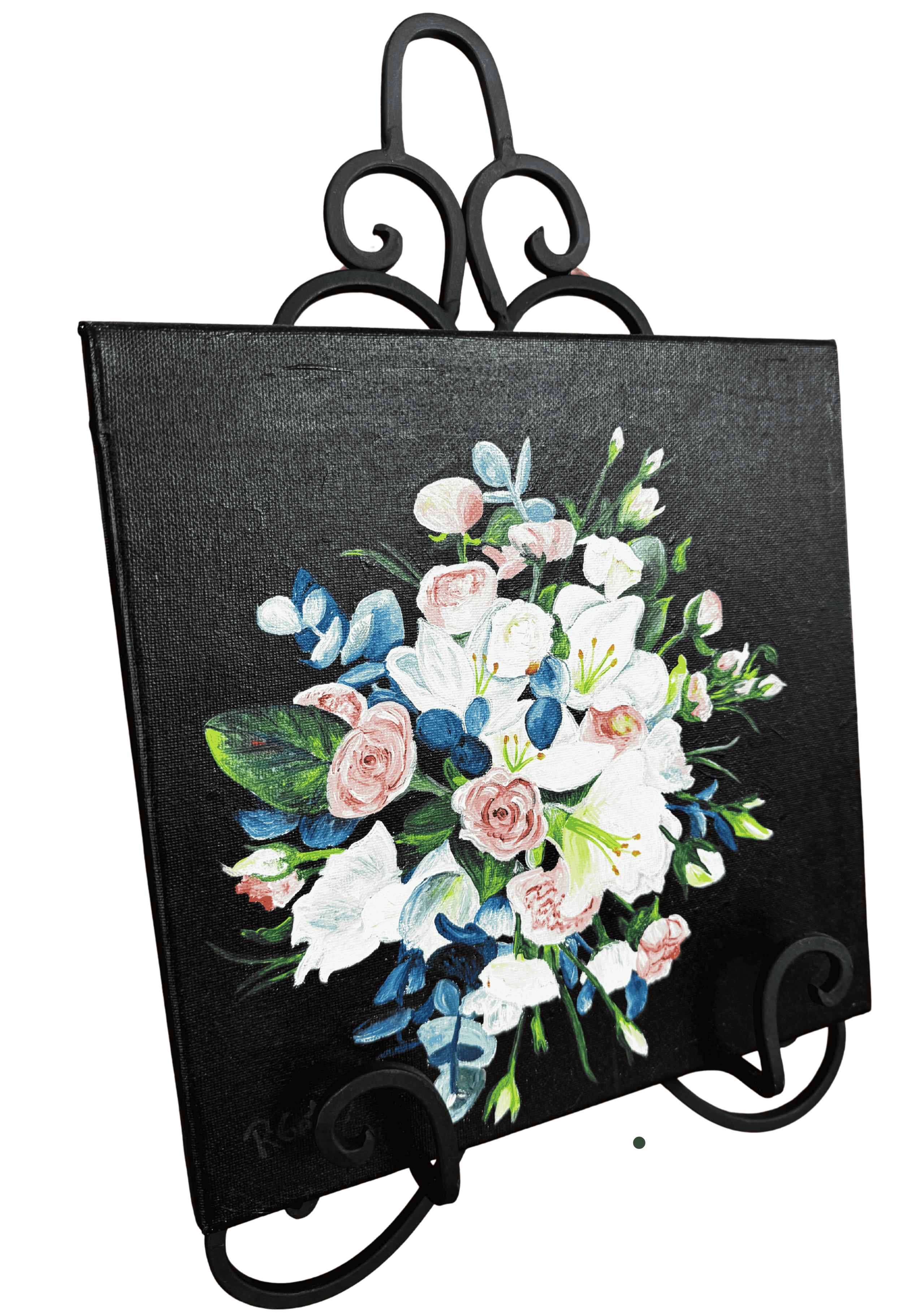 Angled view of floral bouquet canvas artwork by R. Gates showcasing acrylic brushwork, floral details, and contemporary styling.
