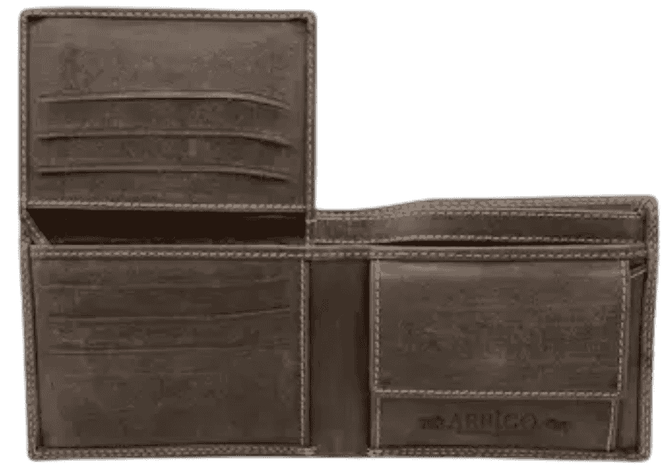 Interior view of dark brown Arrigo leather bifold wallet showing card slots and bill compartment.