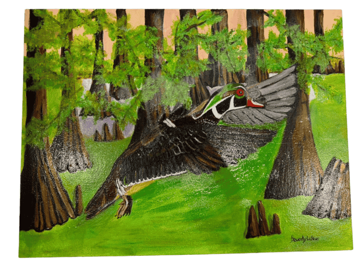 Mallard Flying Through Cypress Swamp — Acrylic Painting by Beverly Lafleur