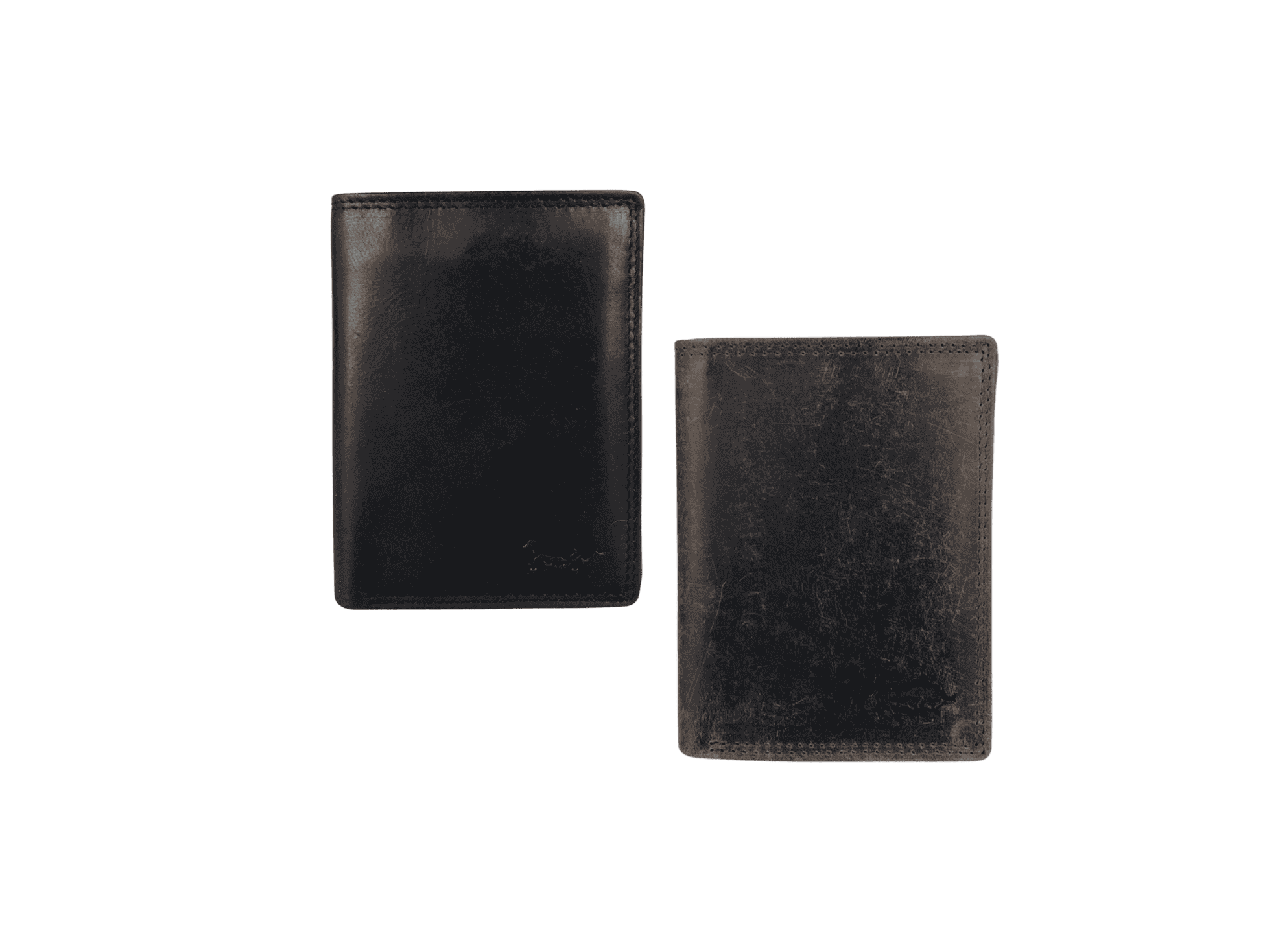 Arrigo buffalo leather wallets shown in black and dark brown finishes side by side.