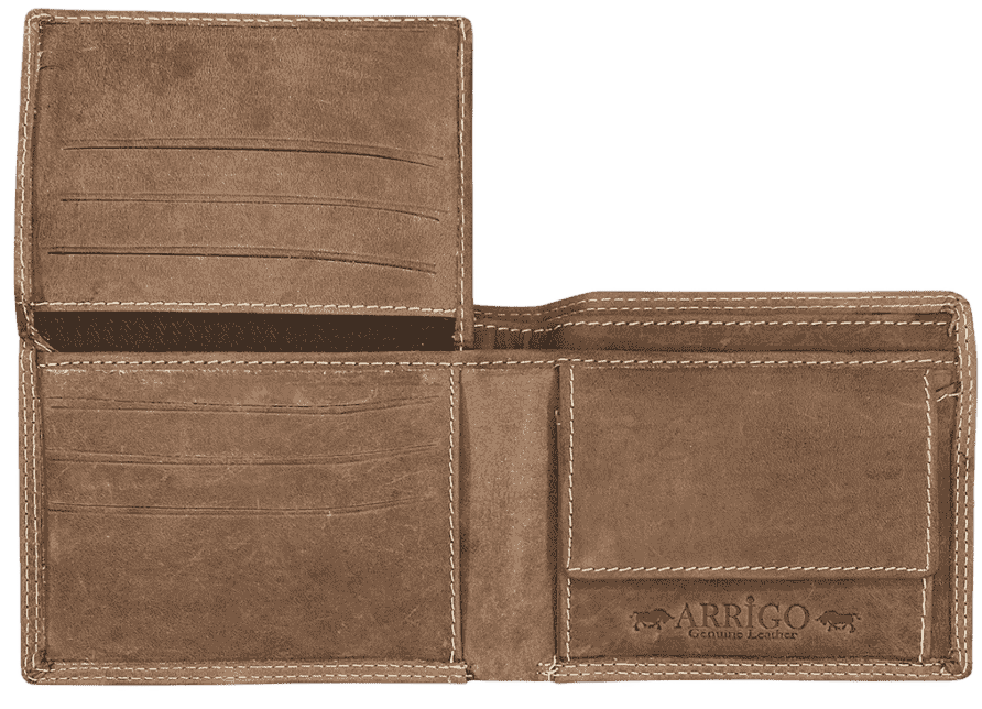 Interior view of Arrigo leather bifold wallet showing card slots and bill compartment.