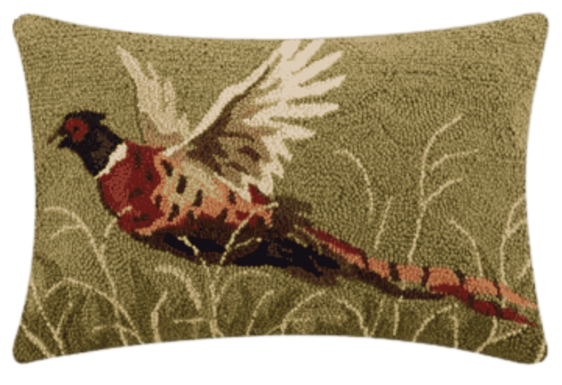 Hooked wool lumbar throw pillow featuring a ring-necked pheasant with long tail on sage green background by Peking Handicrafts.
