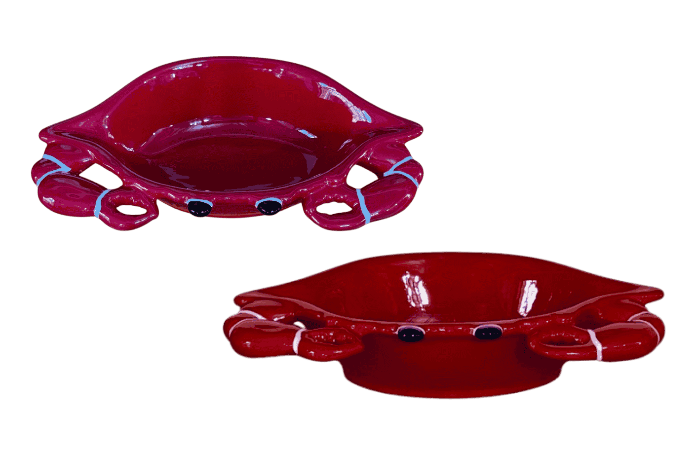 Red ceramic crab-shaped serving dish by Durand Co for dips and snacks.