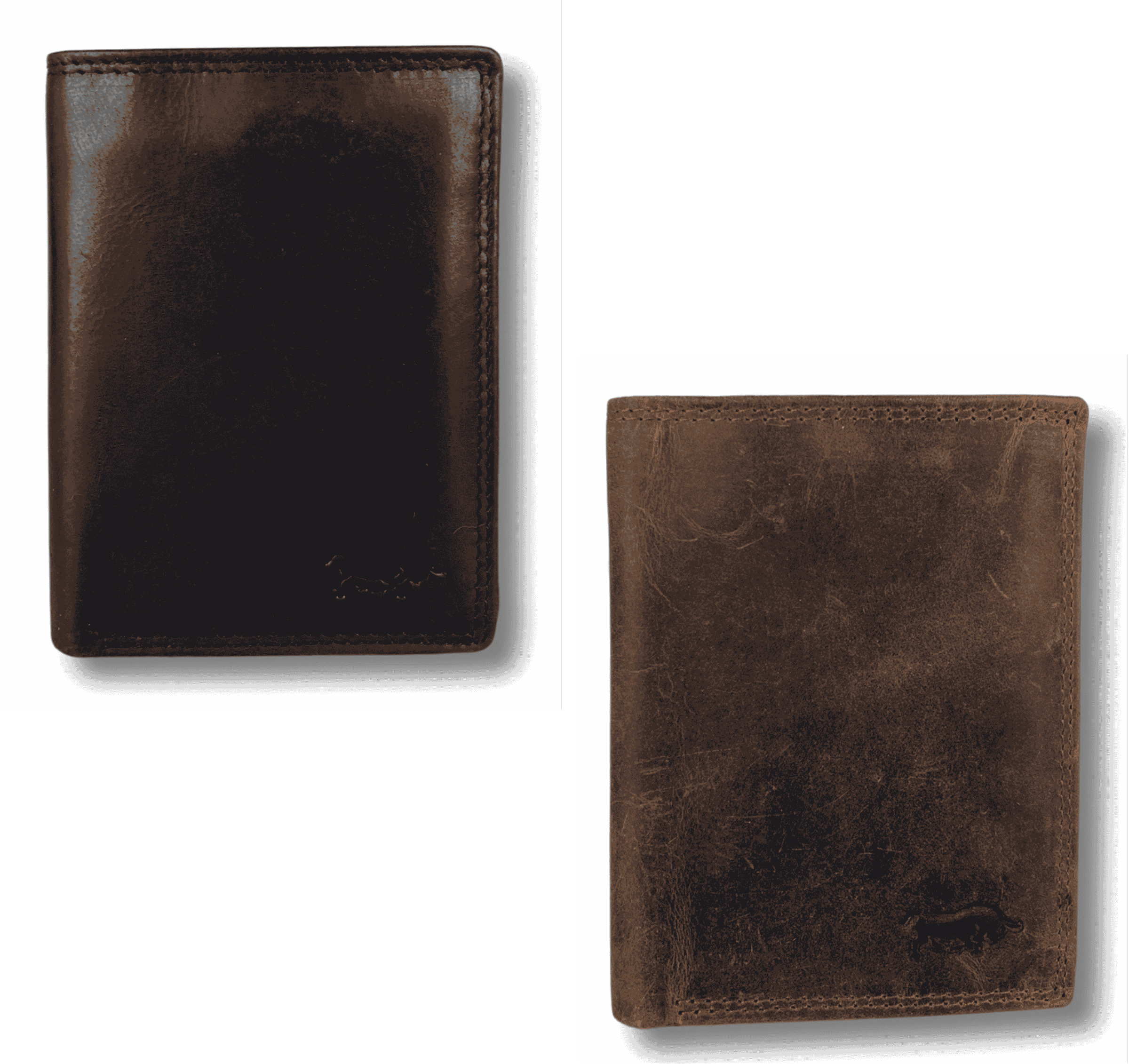 Arrigo RFID-blocking buffalo leather wallets shown in black and dark brown finishes side by side.
