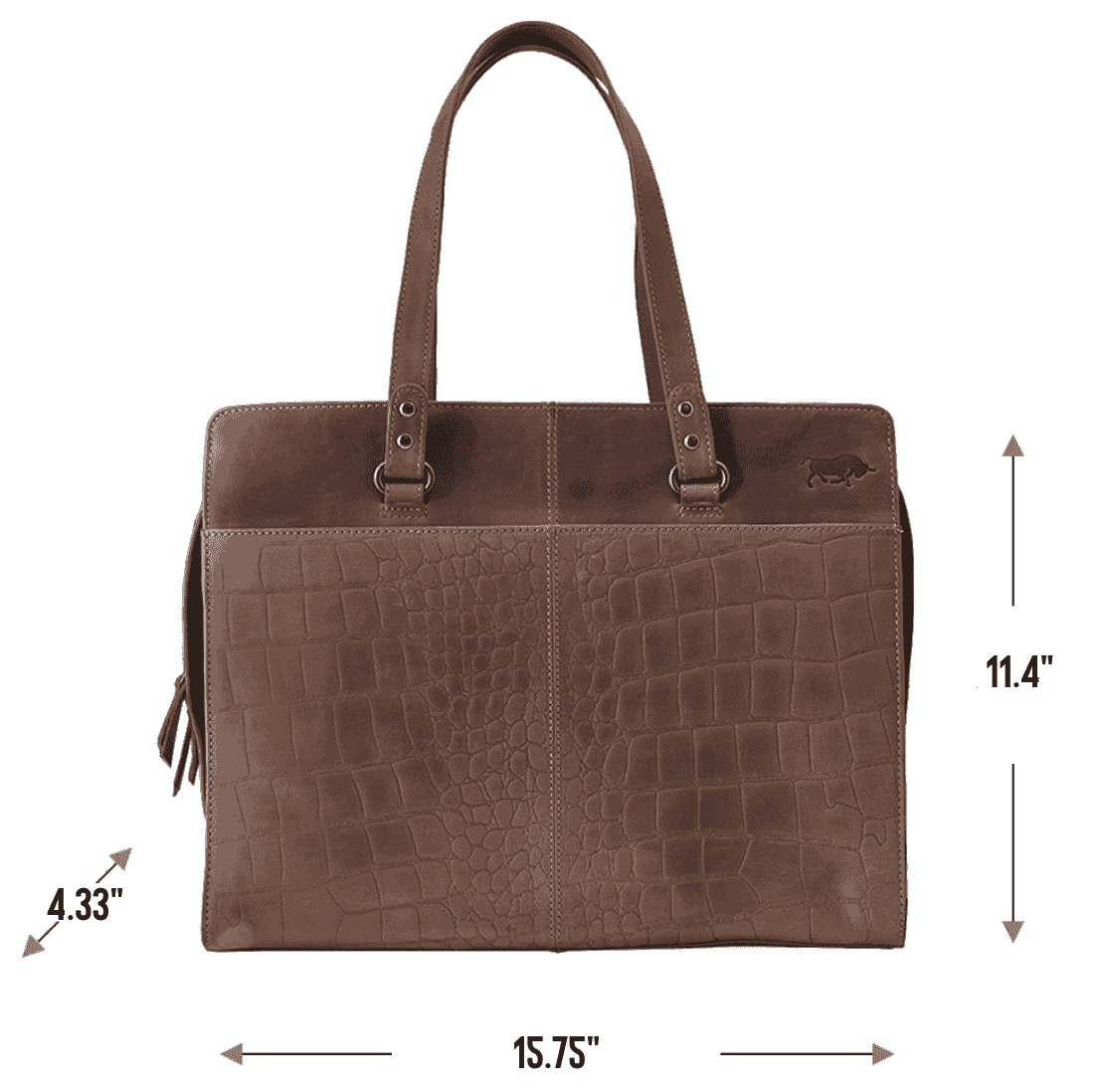 Arrigo leather laptop tote bag measurement diagram showing overall dimensions and laptop capacity up to 15.75 inches.