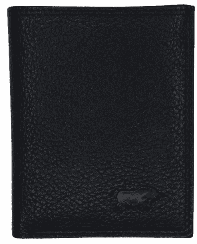 Black leather card holder back view, textured leather wallet with stitched edges