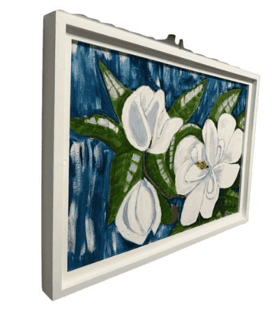 Original acrylic painting by South Louisiana artist Beverly LaFleur showing white magnolia blossoms and green leaves against a deep blue background.