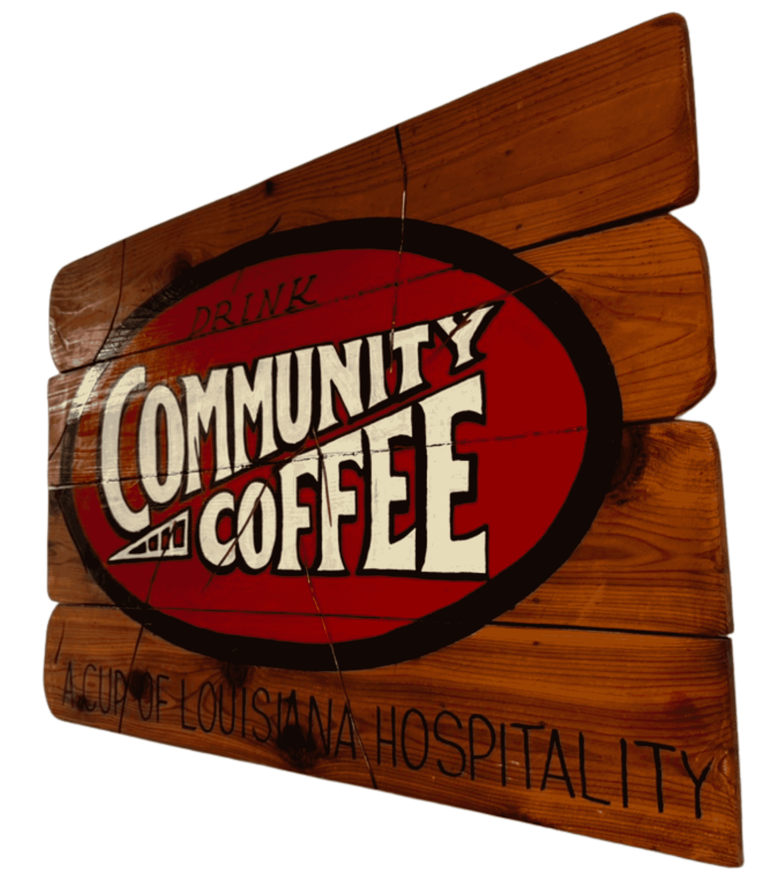 Rustic reclaimed wood Community Coffee sign featuring the iconic Louisiana coffee brand logo.