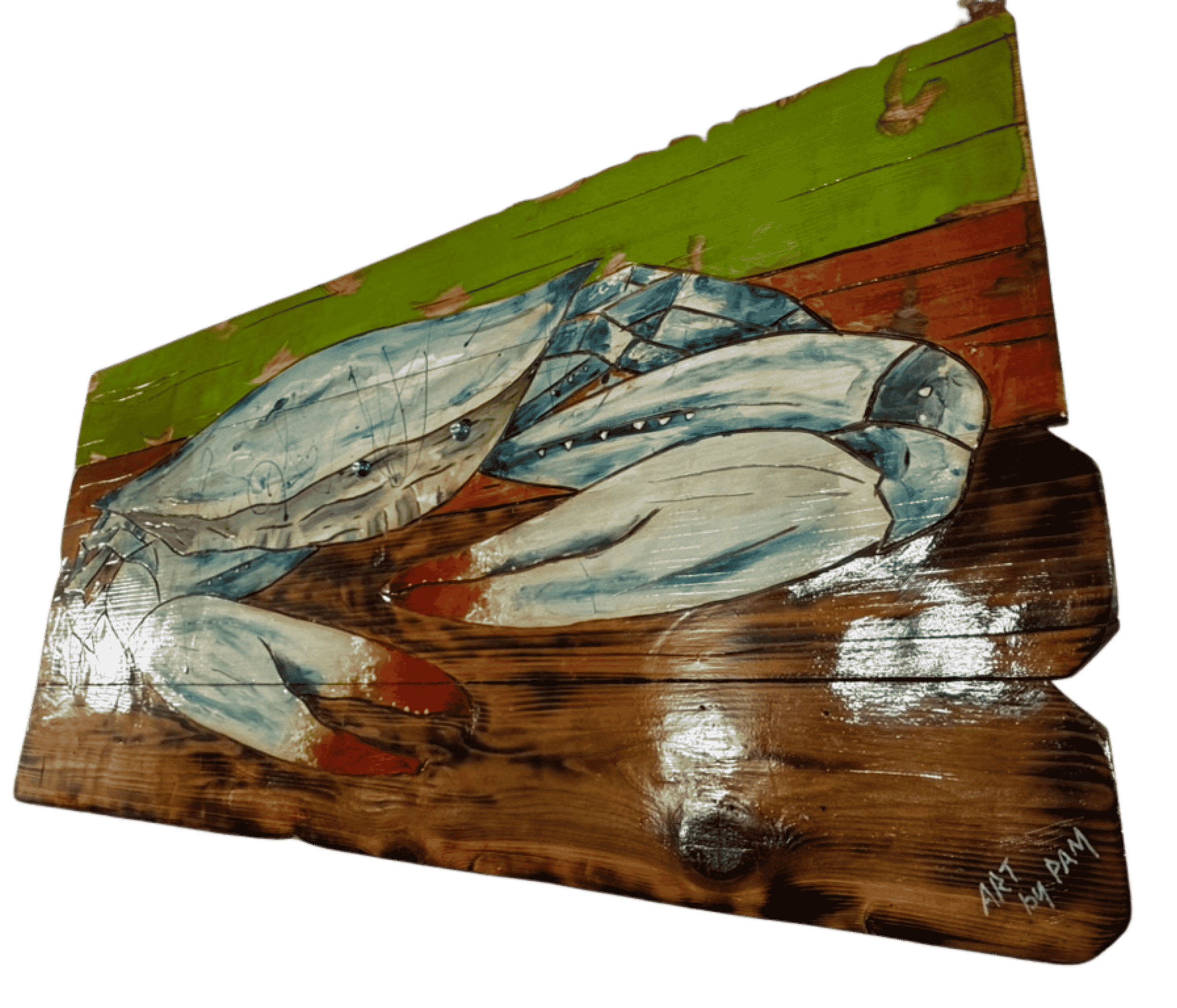 Original Louisiana blue crab wall art painted on reclaimed wood boards.