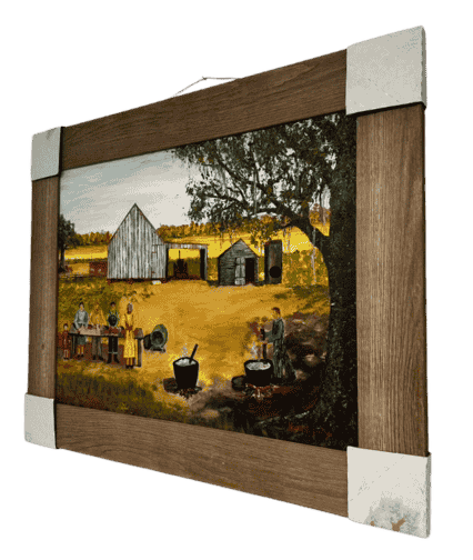Original acrylic painting by South Louisiana artist Beverly LaFleur showing a Cajun boucherie with people gathered around tables and cooking pots in a rural farm setting.