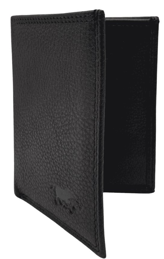 Black leather card holder angled view, slim bifold wallet with card slots and compact design