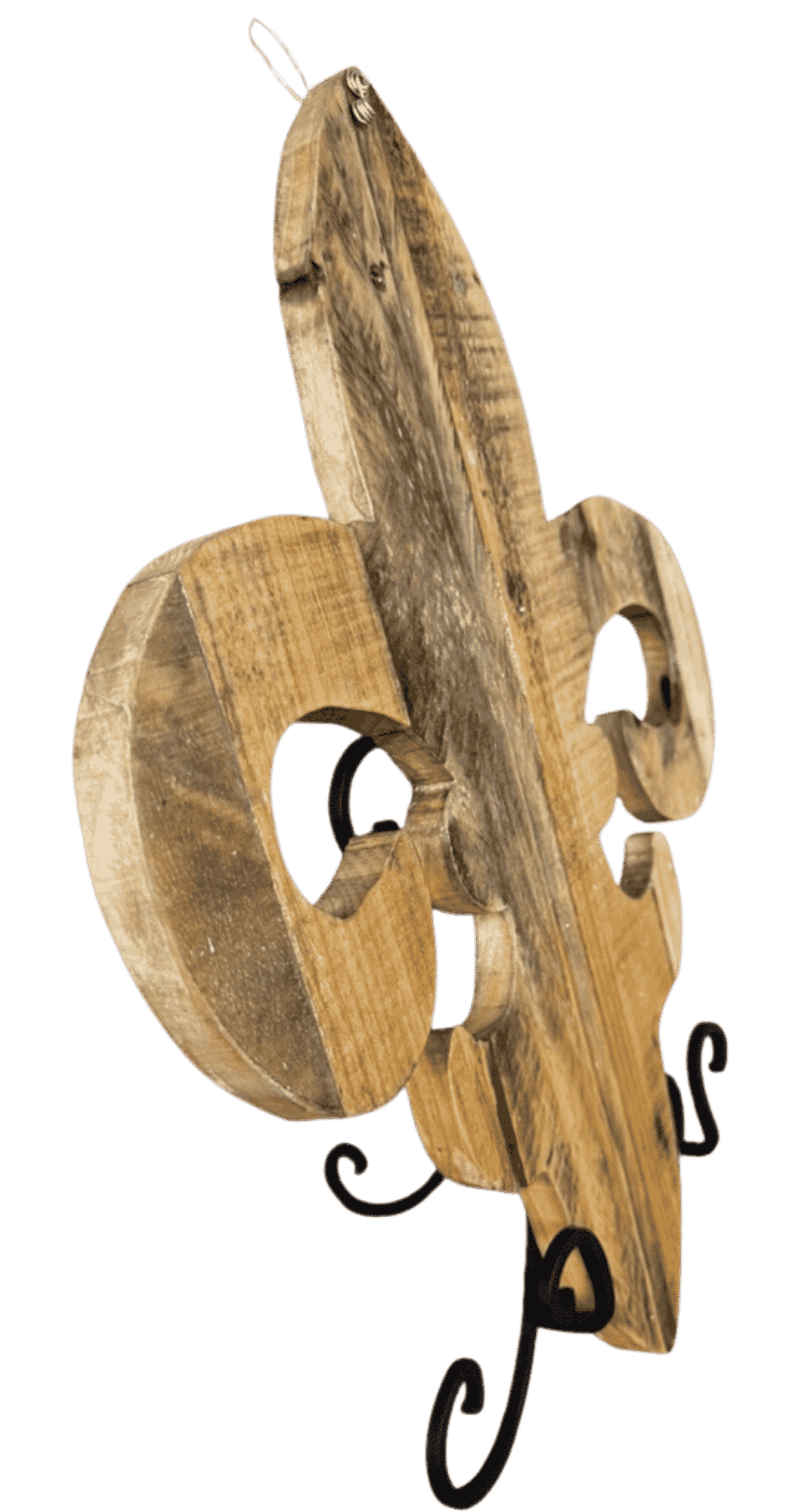 Angled view of natural wood fleur-de-lis wall decor highlighting grain patterns and rustic finish.
