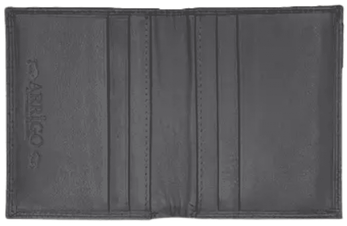 Grey leather card holder interior view, multiple card slots and slim bifold wallet layout