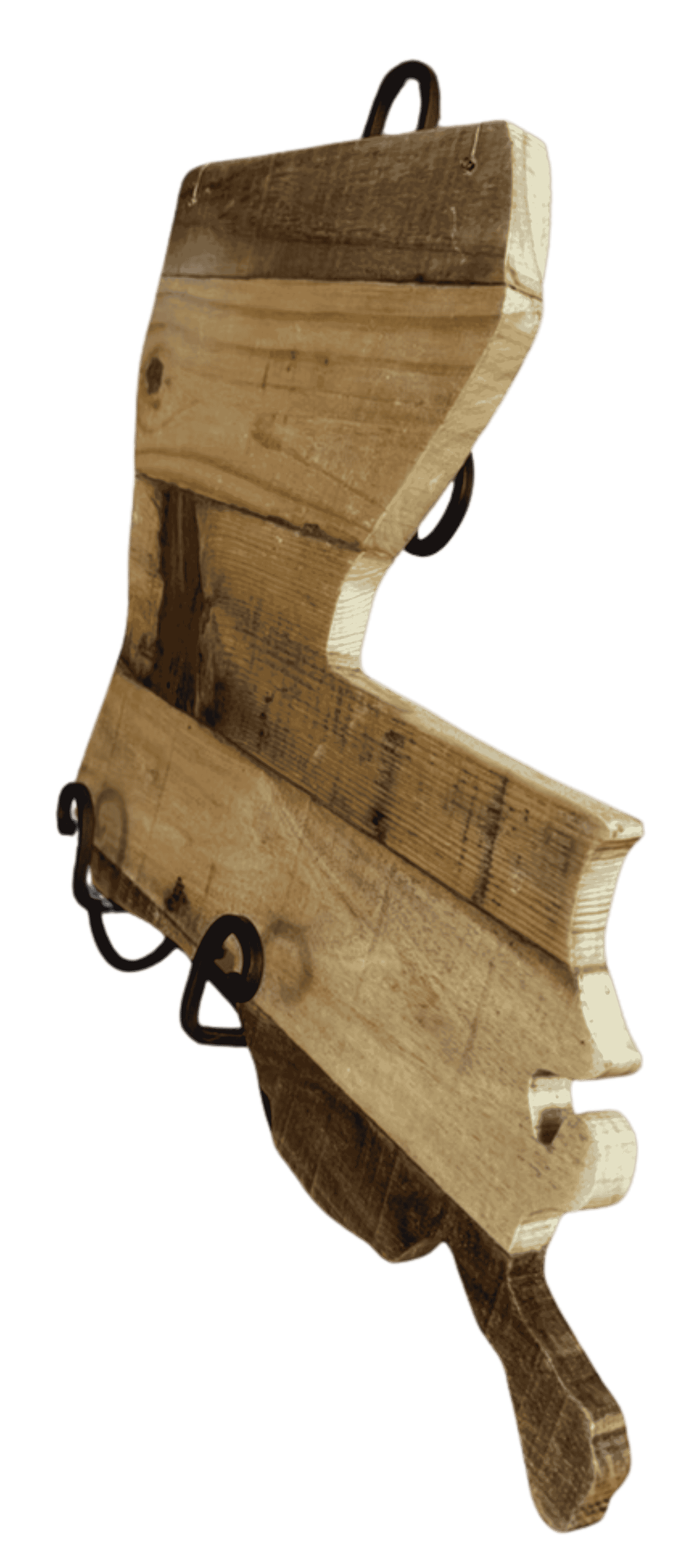Handcrafted Louisiana state cutout wall art made from reclaimed wood with decorative metal accents.