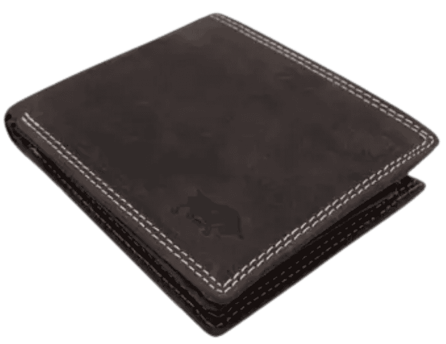 Closed Arrigo leather bifold wallet in dark brown leather with stitched border.