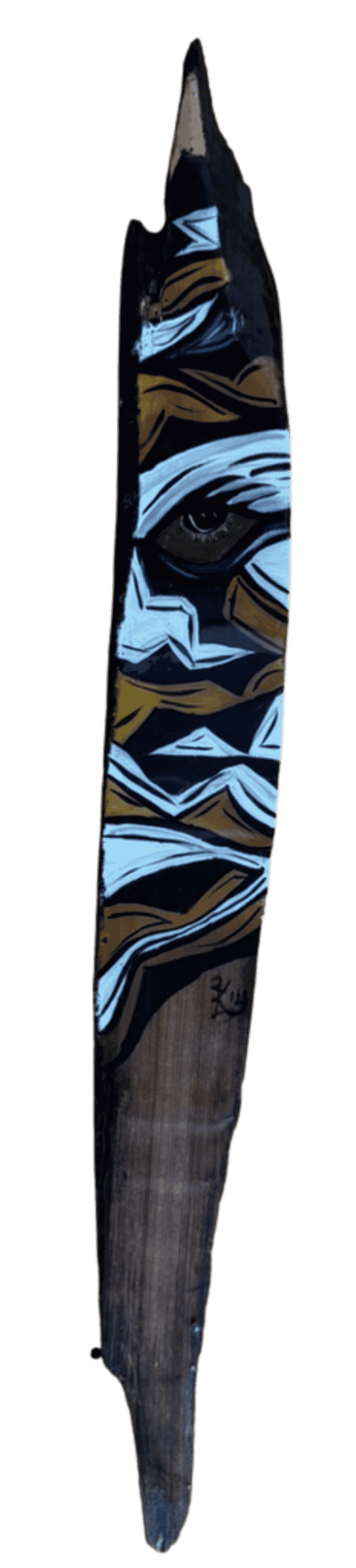 Abstract LSU tiger eye artwork painted on reclaimed wood with bold black, gold, and white tiger stripe design.