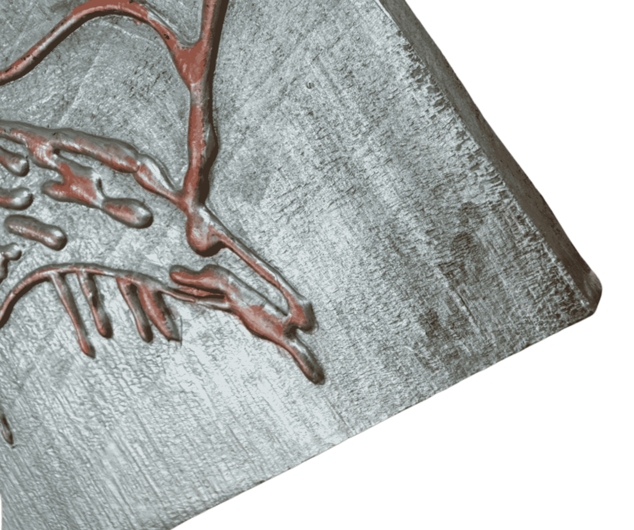 Close-up detail of raised crawfish outline showing handcrafted texture, metallic silver background, and deep red relief accents.