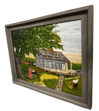 Original acrylic painting by South Louisiana artist Beverly LaFleur showing an Acadian house beneath a large oak tree with a woman, chickens, and rural yard scene.