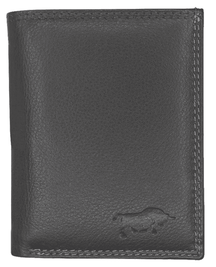 Grey leather card holder back view, textured leather wallet with stitched edges