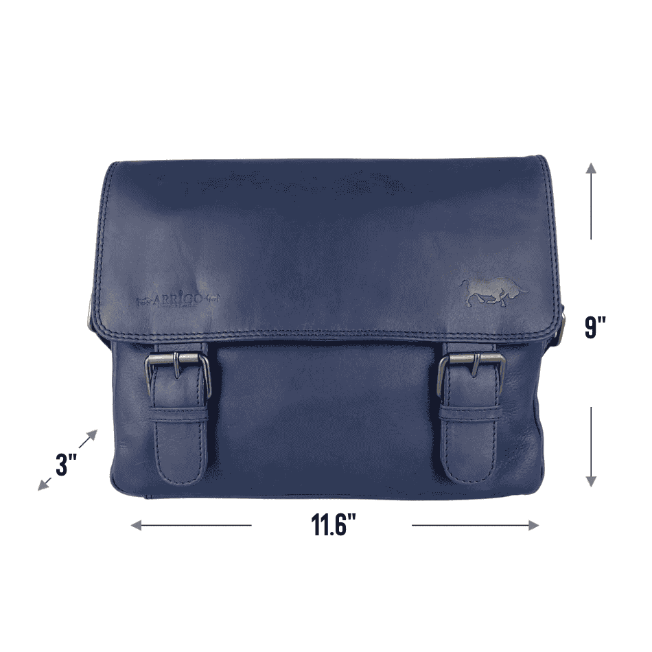 Arrigo legacy navy leather messenger bag measurement diagram showing width, height, and depth dimensions.