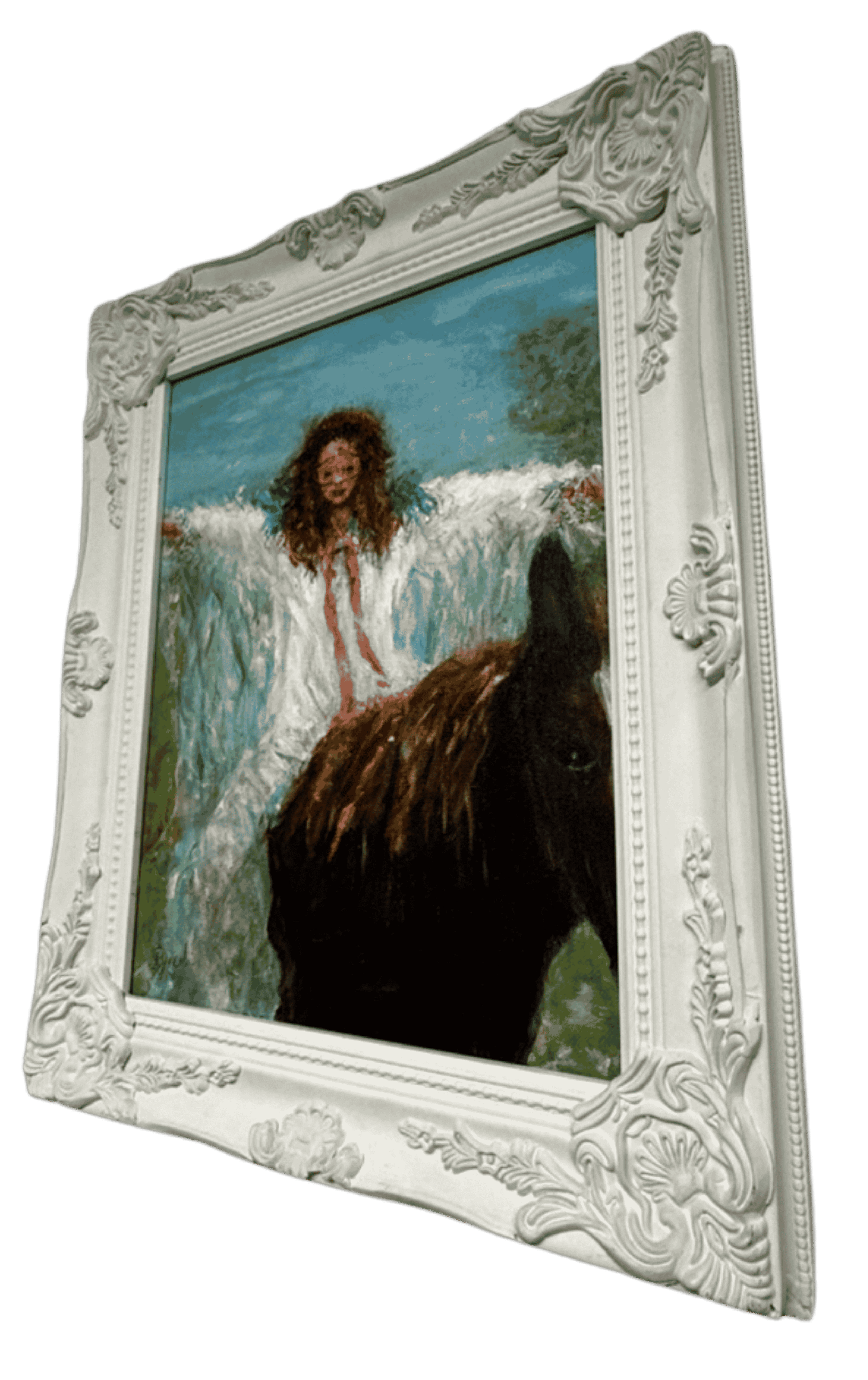 Side perspective of original acrylic painting of a woman on horseback by P. Jacobi with dramatic movement and vibrant abstract background.