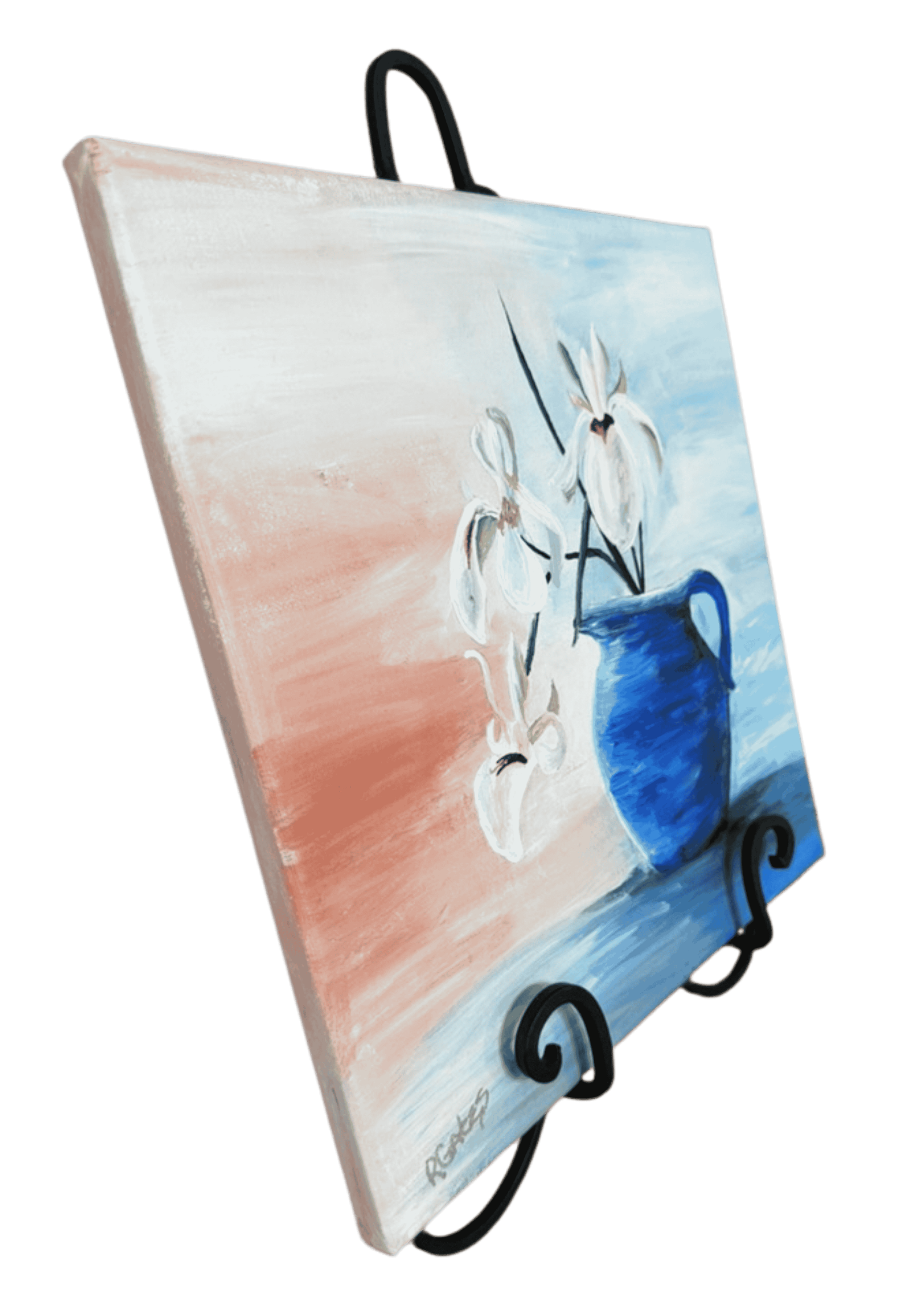 Angled view of floral still life painting by R. Gates with white blossoms arranged in a blue jug.