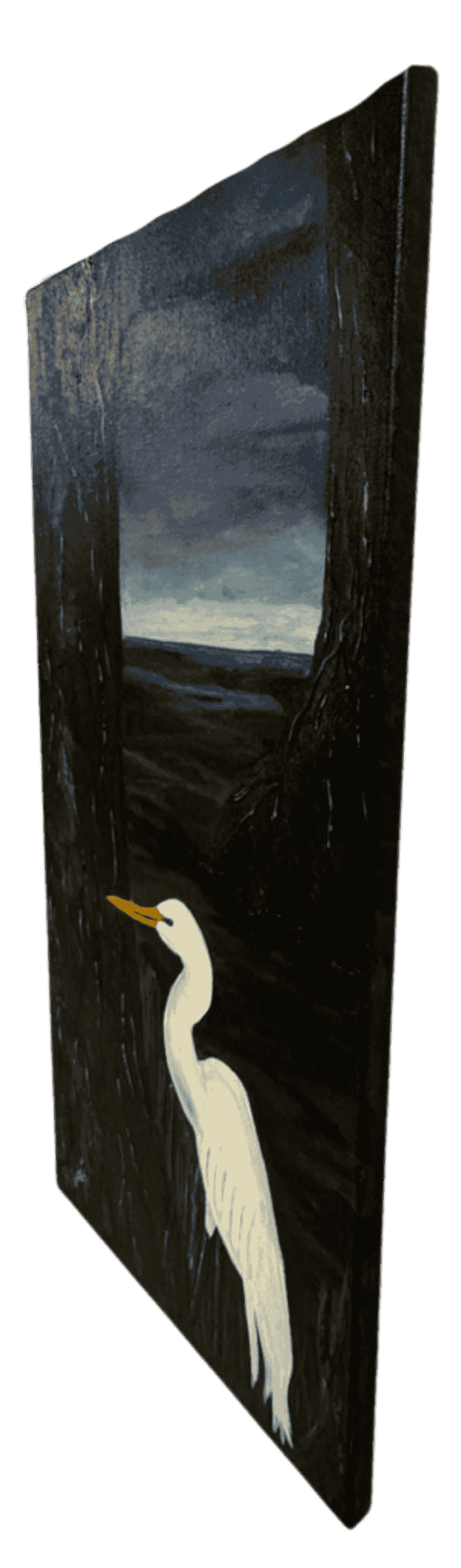 Angled view of moonlit bayou egret painting by R. Gates with dramatic dark trees and coastal water scene.