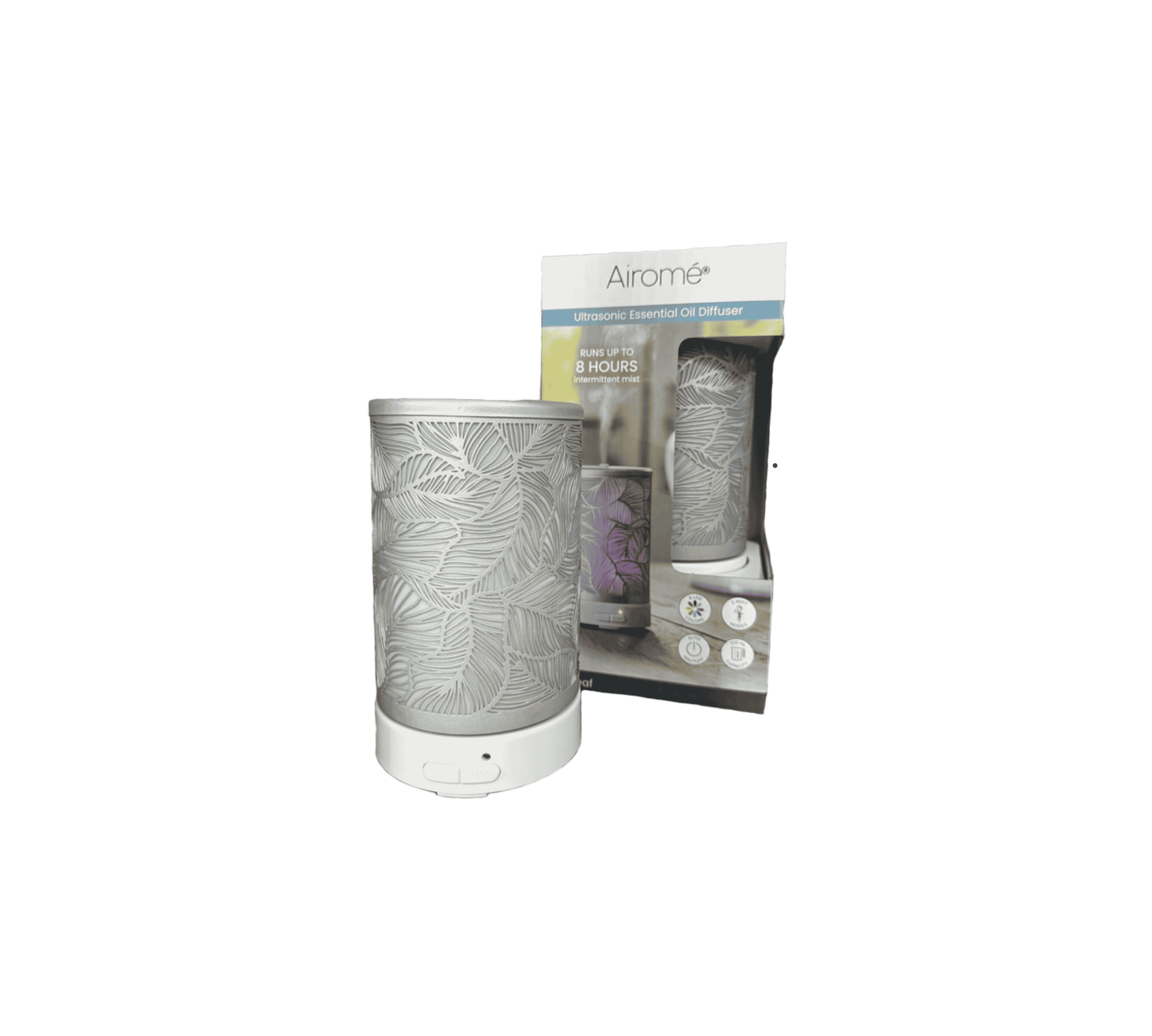 Ultrasonic essential oil diffuser by Airome, white diffuser with leaf pattern design and box packaging, front view