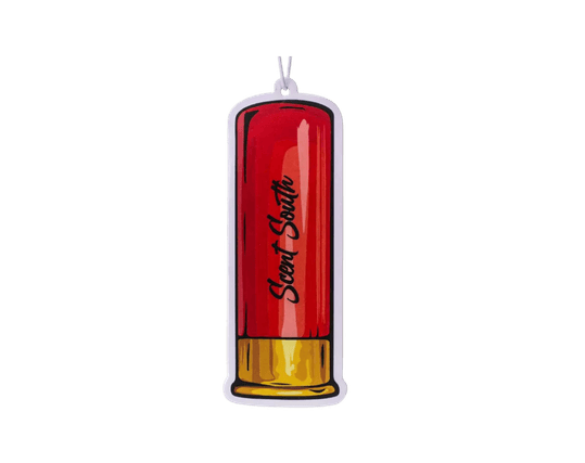 Shotgun shell Scent South air freshener with red and gold shell design, Forest Rain scent, crisp outdoors fragrance for truck, car, or hunting setup