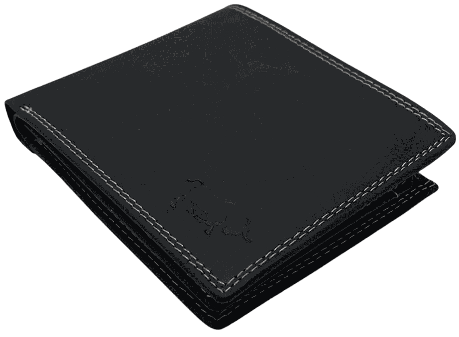 Closed Arrigo leather bifold wallet in black with stitched edge detail.