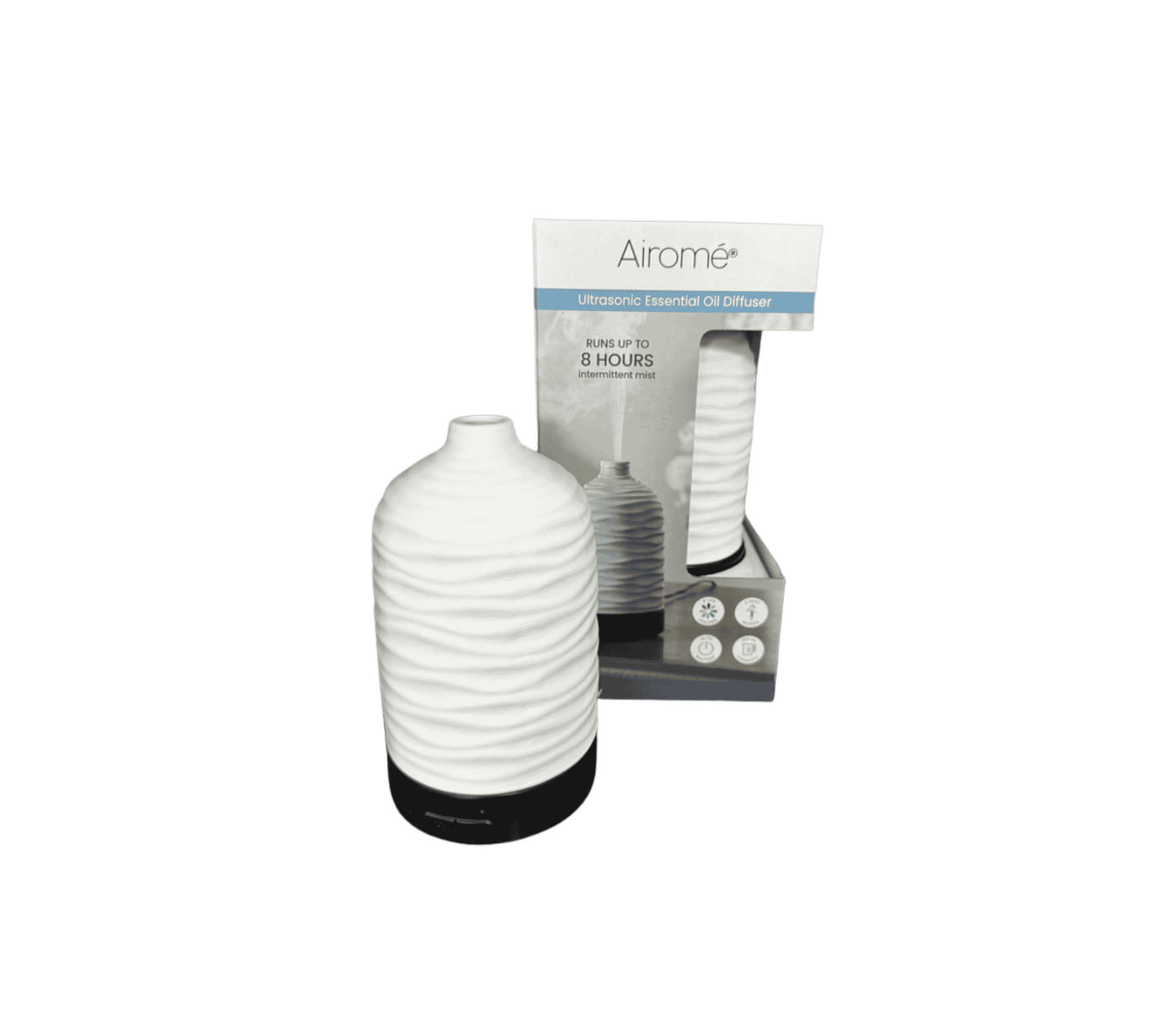 Ultrasonic essential oil diffuser by Airome, white diffuser with textured design and box packaging, front view