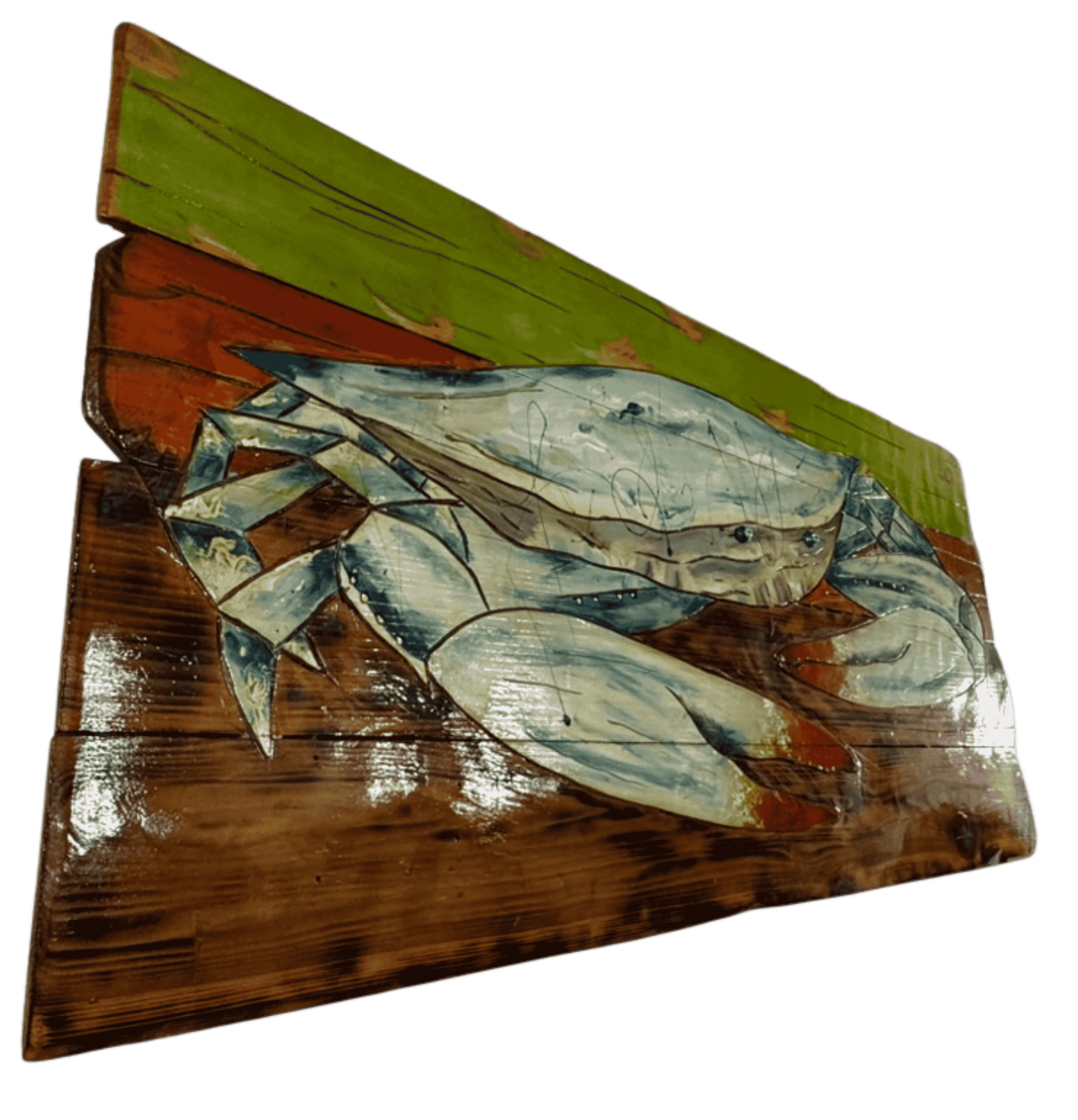 Hand-painted blue crab artwork on rustic reclaimed wood planks coastal decor.