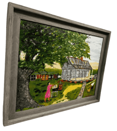 Original acrylic painting by South Louisiana artist Beverly LaFleur showing an Acadian house beneath a large oak tree with a woman, chickens, and rural yard scene.