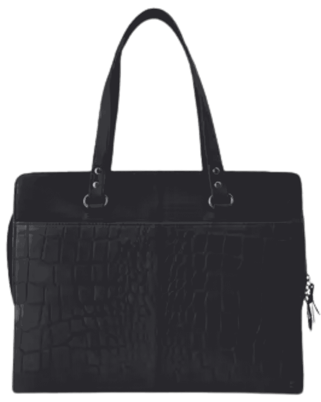 Close-up of Arrigo black leather laptop tote front panel showing croc-embossed leather texture and exterior zipper pocket.