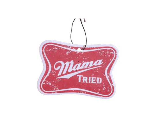 Mama Tried Scent South air freshener with distressed red sign design, Black Ice scent, smooth clean fragrance for car, truck, or everyday use