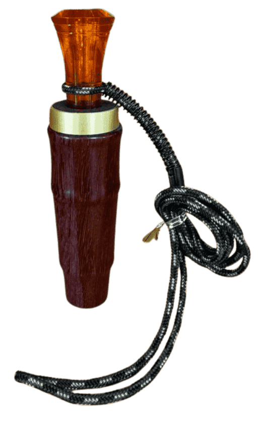 Padauk and Purpleheart hand-turned double reed duck call by J. Baker Louisiana with brass band, amber acrylic insert, and braided lanyard.