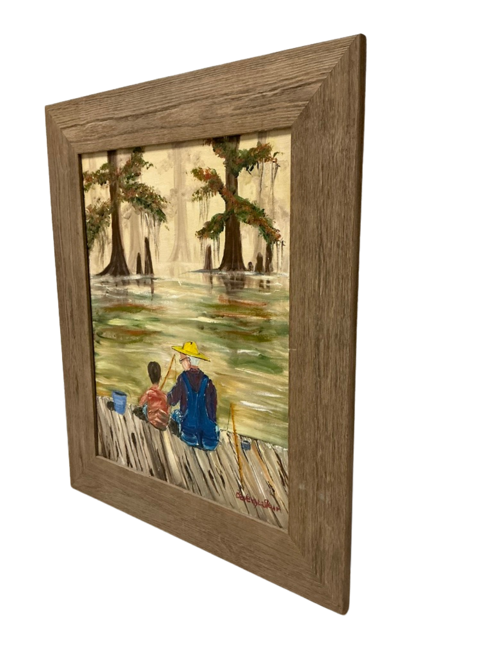 Side view of framed bayou painting by Beverly LaFleur depicting a grandfather and grandson fishing from a weathered dock.